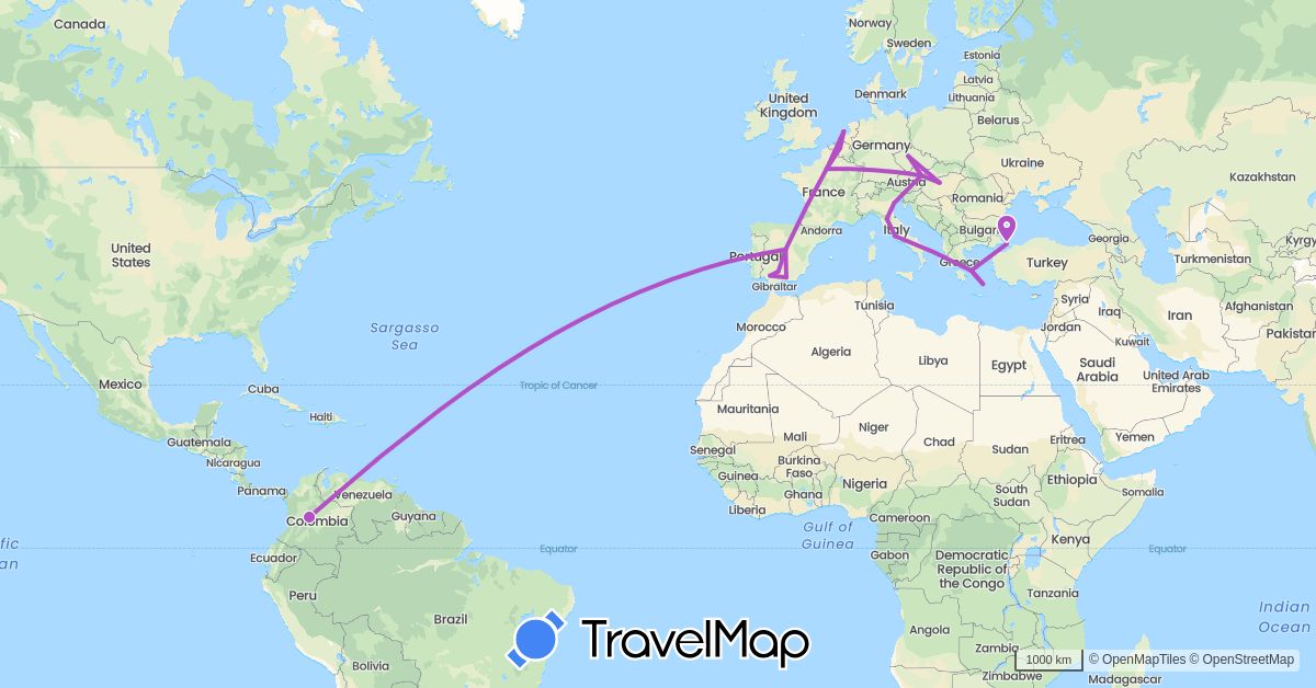 TravelMap itinerary: driving, train in Austria, Belgium, Colombia, Czech Republic, Spain, France, Greece, Hungary, Italy, Netherlands, Turkey (Asia, Europe, South America)